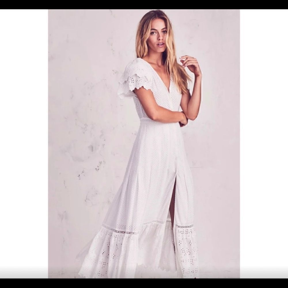 LOVESHACKFANCY Jodie Eyelet Ruffle White Dress $695 Size 4 Button Down